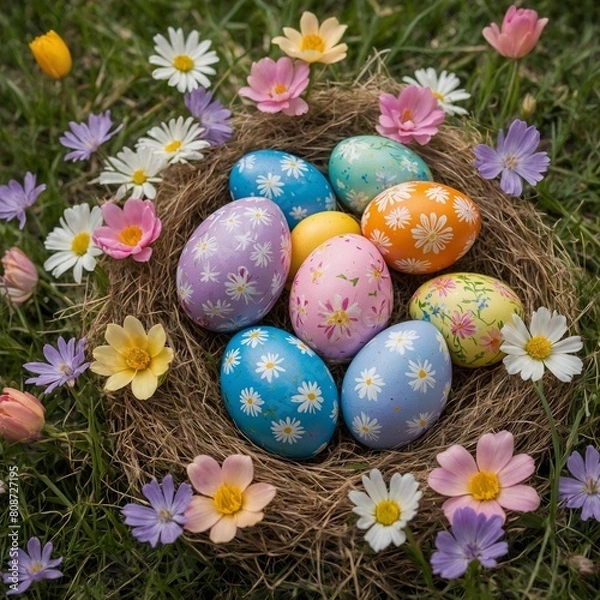 Obraz Nest, crafted from dried grass, twigs, cradles collection of easter eggs, each painted with vibrant colors, intricate patterns. Resting on bed of fresh grass.
