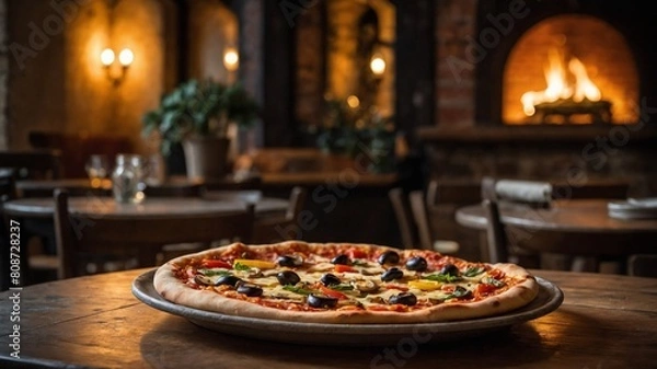 Fototapeta Freshly baked pizza with variety of toppings prominently displayed on wooden table, capturing viewers attention. Crust golden brown, toppings include slices of tomatoes, black olives, green peppers,.