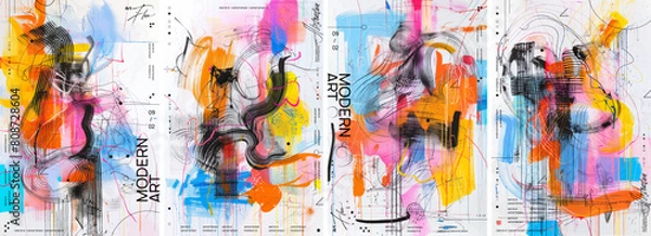 Obraz A series of designs on white background with black ink scribbles and splatters with neon paint accents. This vector illustration incorporates elements from street art and modern abstract art.