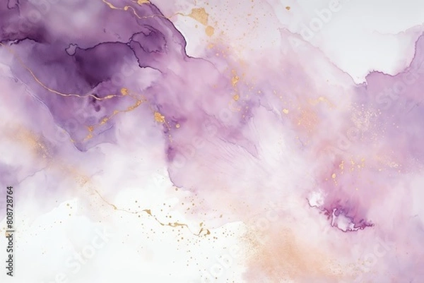 Obraz An abstract watercolor background with gentle pastel tones of light pink and purple, elevated by glistening golden stripes and splatters.