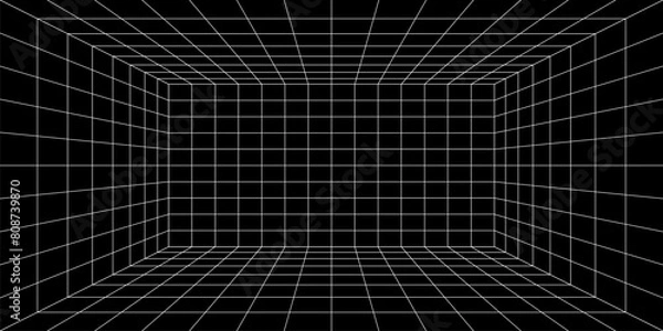 Fototapeta 3d grid space. Empty futuristic digital box room, black abstract background with white grid space lines perspective view. Network cyber technology, sci-fi, wireframe. Cyberpunk and vaporwave