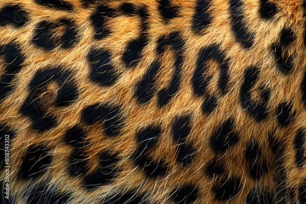 Fototapeta Detailed leopard fur showing intricate patterns and textures of the animal's unique and beautiful spotted skin