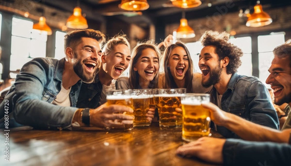 Fototapeta group of people cheering and drinking beer at bar pub table -Happy young friends enjoying happy hour at brewery restaurant-Youth culture-Life style food and beverage