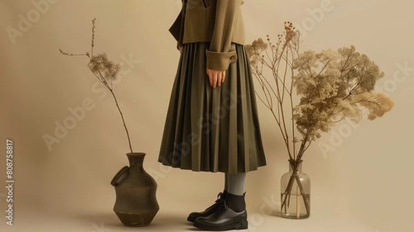 Fototapeta In this scene, a person is depicted standing with their coat open, revealing a long skirt and gray socks underneath. They are positioned next to an old vase filled with dried flowers. 
