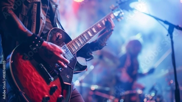 Fototapeta A man passionately plays a guitar in front of a microphone, captivating the audience with his music and vocals