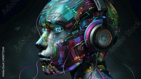 Fototapeta A digital artwork of an AI robot head with colorful circuit patterns