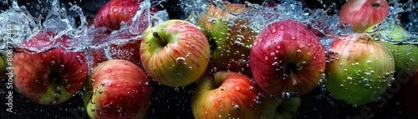 Obraz A group of apples are dunked into water, creating a beautiful and refreshing image. The water droplets are suspended in mid-air, capturing the moment of impact.