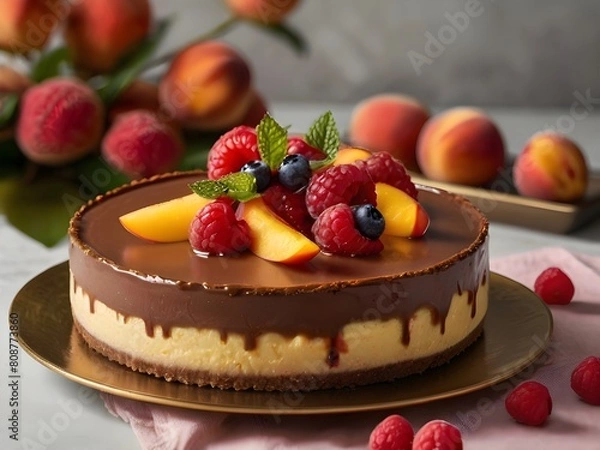 Fototapeta Cheesecake adorned with succulent slices of ripe peaches, generously crowned with decadent chocolate frosting, and topped with a vibrant  fresh peaches and plump raspberries. 