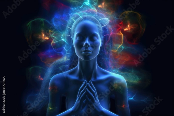 Fototapeta A woman standing with her hands clasped together in front of her face, displaying a thoughtful or contemplative expression