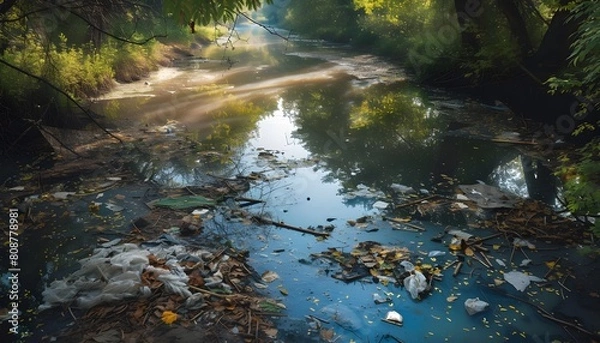 Fototapeta Polluted River with Trash and Floating Debris
