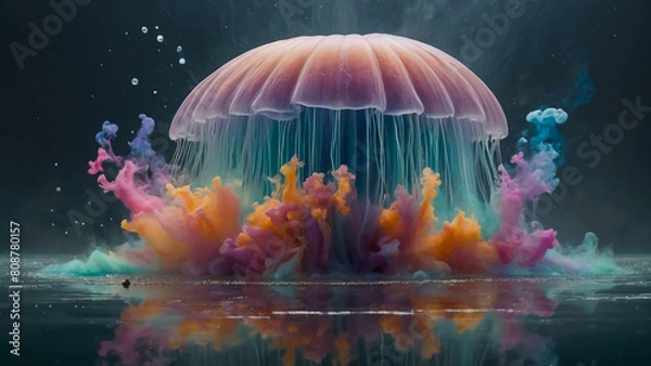 Obraz Colorful paint drops from above mixing in water. Ink swirling underwater
