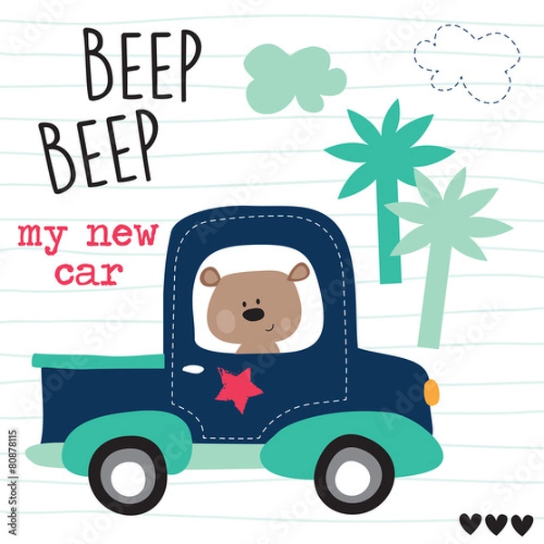 Obraz cute teddy in the car vector illustration