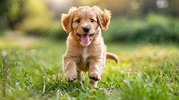 Fototapeta a lively puppy happily chasing its tail in the grass, showcasing the playful and energetic nature of dogs