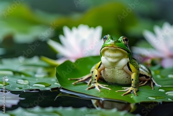 Fototapeta A green frog sitting on a lily pad in a pond, with white flowers in the background. The frog is looking at the camera.