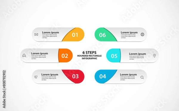 Fototapeta Business infographic template design with rounded rectangle and icons process step with 6 options. Can be used for slides, diagram, presentation or web design. Vector illustration