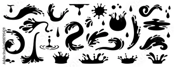 Fototapeta Water splash silhouettes. Black liquid shapes, ink drops, falling watering, cry tears, paint spill, spray, wet circle ripples, aqua splatter. Water symbols and water objects. Vector set