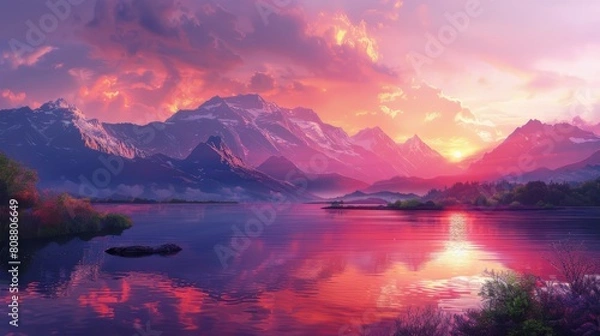 Fototapeta serenity in nature, the serene mountains at sunrise, coloring the sky in pink and orange hues, create a stunning sight that brings a sense of peace and awe to the heart