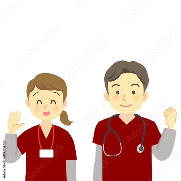 Fototapeta 赤系のスクラブを着用した医療従事者の男女（正面を向いた上半身）　訪問看護・看護師・医師・介護福祉士
