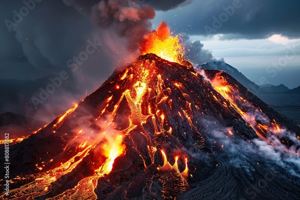 Fototapeta Generative ai on theme of erupting volcano with cascading hot lava surrounded thick white smoke