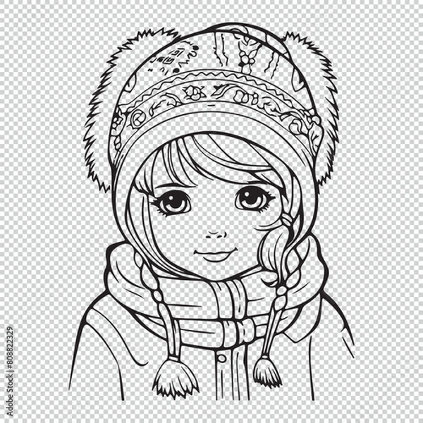 Obraz Black line art design of a girl, vector illustration for coloring book pages on transparent background