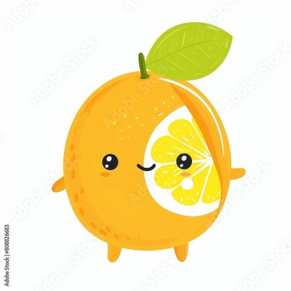 Fototapeta A cartoon orange with a green leaf on top