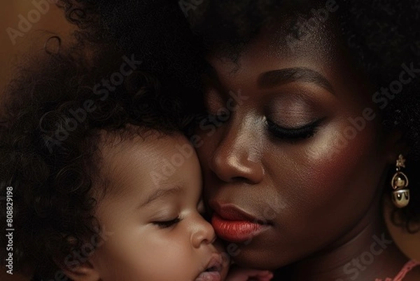 Obraz Close-up of an affectionate embrace between a mother and her sleeping baby