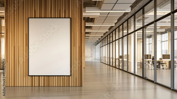 Fototapeta A framed blank poster in a modern office interior with wooden elements and glass partitions. Generative AI