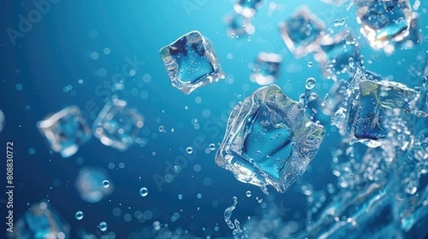 Fototapeta Ice Cubes Floating on Solid Cyan Blue Background