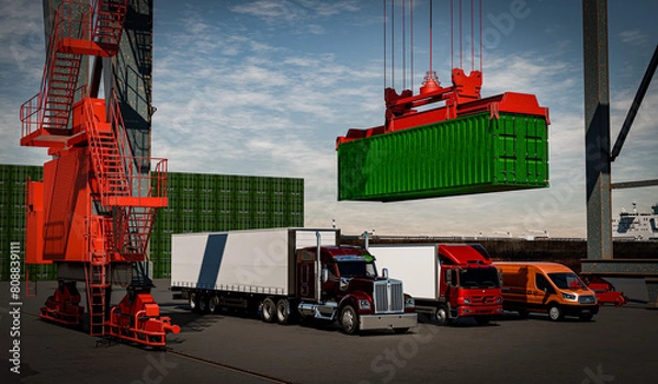 Fototapeta A container crane in a freight port under which a heavy truck, a medium-duty truck and a small van stand, old logistics concepts - 3d illustration
