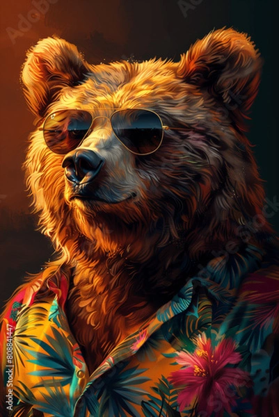 Fototapeta The Profile of A Bear Wearing Big Sunglasses and A Colorful Summer T-shirt Against A Single-Color Background