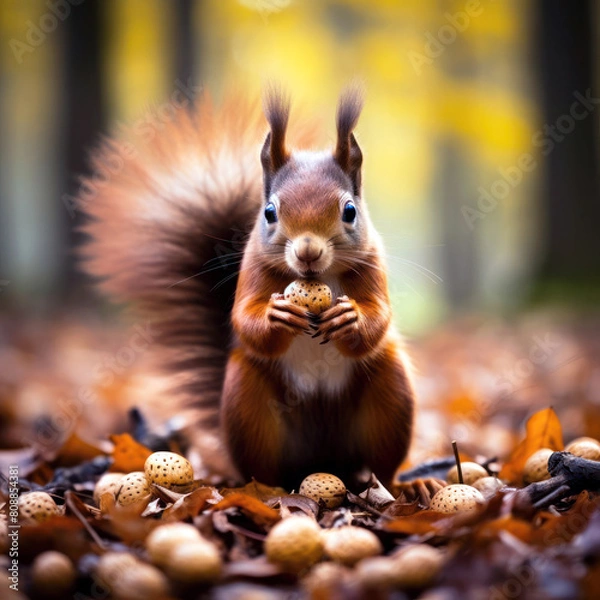 Fototapeta A squirrel in the autumn forest. A beautiful red squirrel in the autumn forest.22