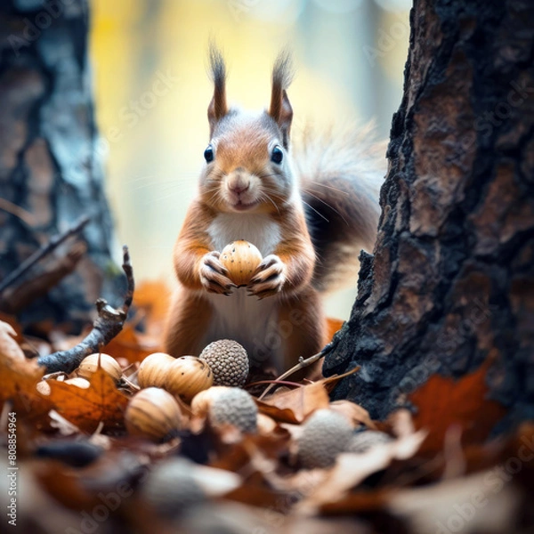 Fototapeta A squirrel in the autumn forest. A beautiful red squirrel in the autumn forest.24