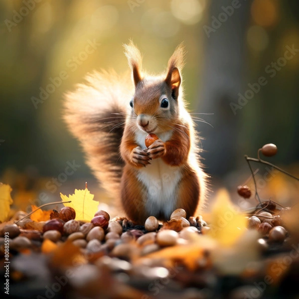 Fototapeta A squirrel in the autumn forest. A beautiful red squirrel in the autumn forest.25