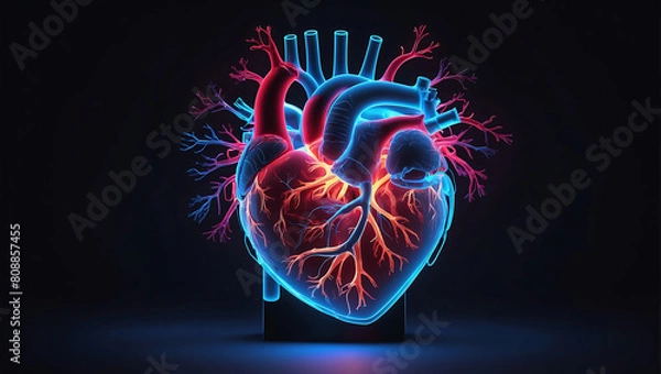 Obraz A close up of a neon glowing light heart anatomy model with explaining human circulatory system on a red and blue glowing background