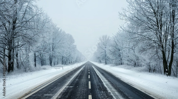 Fototapeta Frosty Snow-Covered Highway with Bare Trees - Serene Winter Scene  