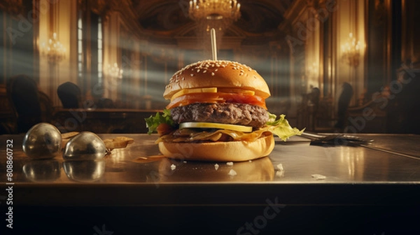 Obraz Fresh hamburger on the table in the restaurant
interior