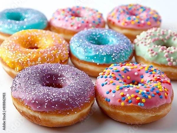 Fototapeta Donuts with neon and pastel frostings, some with edible glitter, vibrant and glamorous look, isolated on white