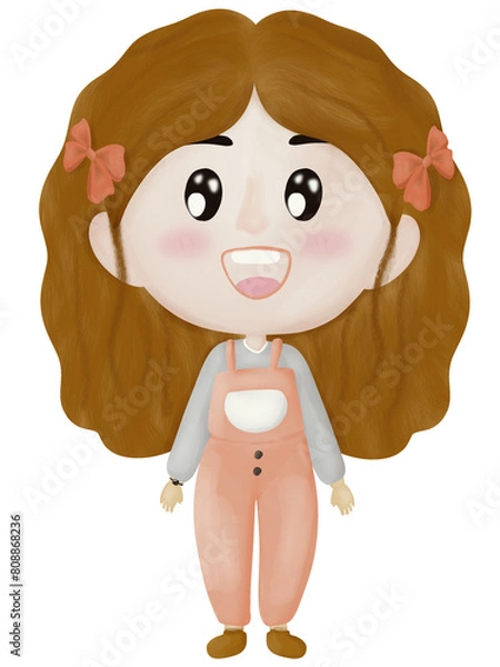 Obraz Adorable girl with vivid orange dungarees and ribbon bow ties