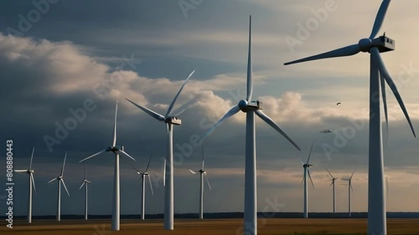 Fototapeta A cluster of wind turbines standing sentinel on a windswept plain, their blades turning steadily in the breeze. 