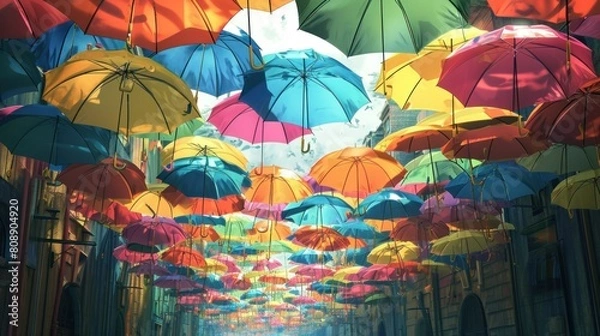 Fototapeta Rows of colorful hanging umbrellas above a street sidewalk with tall trees. Red, yellow, blue, orange, green fabric backlit by sky light