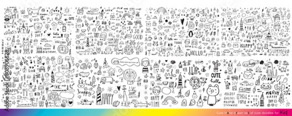 Fototapeta Collection of hand drawn cute doodles,Doodle children drawing,Sketch set of drawings in child style,Funny Doodle Hand Drawn,Page for coloring, cute animal,Foods doodles hand drawn  vector 