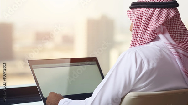 Obraz arab saudi man using laptop, back view