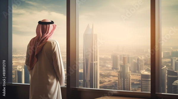 Obraz Saudi man looking to skylines, arab businessman concept