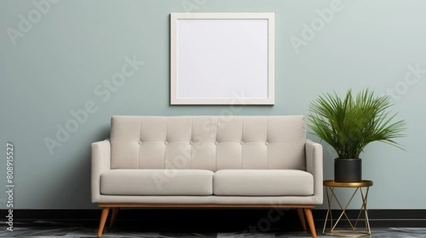 Obraz Chic and urban interior showcasing a frame mockup on the floor, against a neutral backdrop, ideal for artists and designers