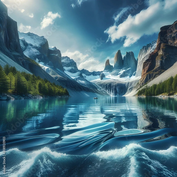 Obraz Une vue époustouflante d'un lac de montagne, où les falaises escarpées se dressent au-dessus de la surface calme de l'eau, reflétant le ciel bleu parsemé de nuages blancs