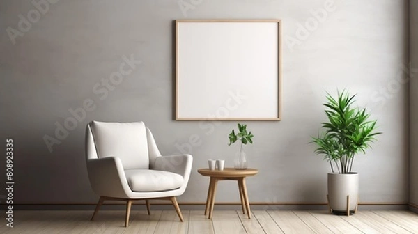 Fototapeta Modern living space with a blank frame mockup placed directly on the floor, against a simple, textured wall, perfect for a customizable display