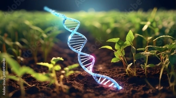 Fototapeta A three-dimensional holographic depiction of a DNA strand on a crop field, signifying the genetic modification of plants, with copy space