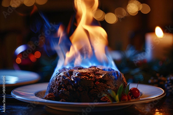 Fototapeta Flaming Pudding: A Festive Delight. A traditional flaming Christmas pudding served on a festive table, aglow with warm holiday spirit.