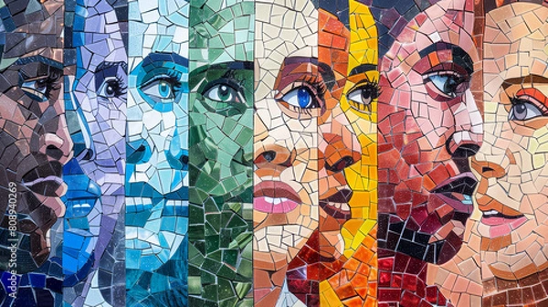 Fototapeta Close-up of a colorful mosaic made of diverse human faces representing different ethnicities, genders, and ages to symbolize diversity and belonging