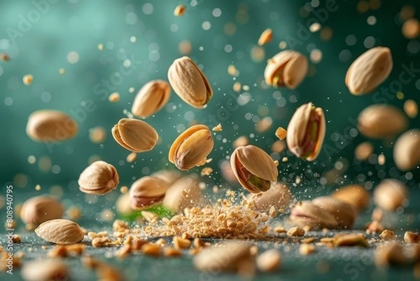 Obraz Majestically frozen in time, these pistachios are caught in a mesmerizing explosion of shell fragments and dust particles